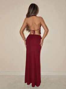 SHEIN ICON 2 件套女士优雅复古性感露背 V 领金属扣装饰背心和超长扭结腰裙套装，适合约会和度假