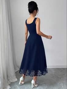 Elenzga Đầm mini khoét rỗng màu trơn thanh lịch mùa hè cho nữ - Màu xanh hải quân - Xem 2