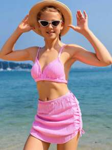 青少年女孩粉色比基尼三件套，包括细肩带三角形上衣设计，非常适合海滩度假 - 粉色 - 查看 1