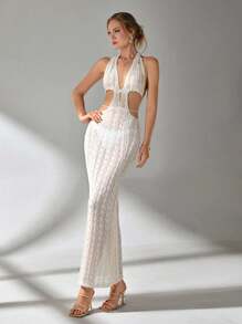 CLARA VERO EURMUSE Deep V Neck Clevage Cut Out Detailed Crochet Hollow Out Backless Maxi Knitted Cover Up Dress For Summer Beach Vibes