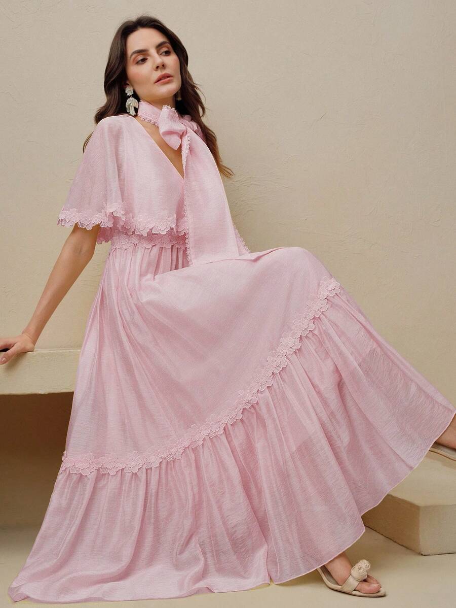 Anewsta Woman's Lace Patchwork Dress With Vacation Vibe For Spring/Summer - Pink - View 1
