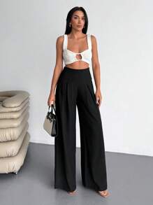 EURMUSE Weite plissierte Hose, zeitgenössisches Hüftdesign, bequemer Stoff - Schwarz - Übersicht 5