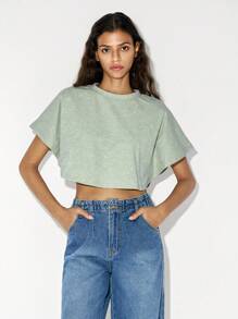 SHEIN LUNE Camiseta corta informal con mangas de murciélago sobredimensionadas y con corte desgastado - verde menta - Ver 1