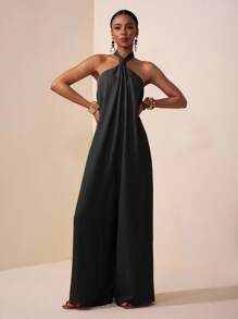 Zivah 2025 Women Summer New Music Festival, Easter, Mother's Day, Wedding Season, Daily Casual, Vacation, Cruise Travel, Beachwear Halter Backless Wide Leg Jumpsuit, Red-Brown Color Halter Neck Jumpsuit Black Jumpsuit