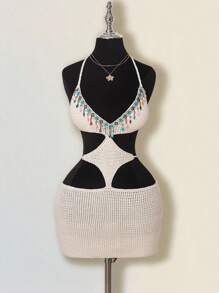SHEIN ICON Vestido mini de punto con decoración de colgante sexy y espalda descubierta para vacaciones de mujer