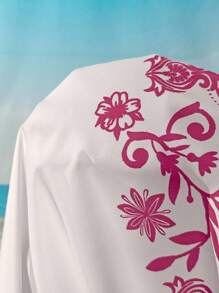 Swim Lushoire Plus Size Women's All-Over Print Notched Neck Long Sleeve Casual Vacation Maxi Dress Swimsuit Cover Up For Summer - Multicolor - View 6