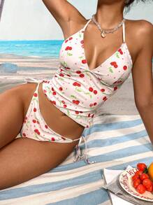 Swim Vcay Women's Sweet All-Over Cherry Print Halter Neck Bikini Set For Beach, Summer