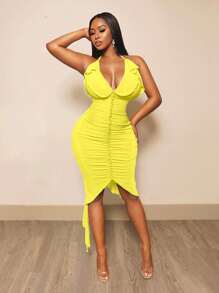 BamGleam 夏季性感纯色褶饰露背挂脖连衣裙 - 黃色 - 查看 4