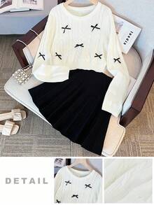 SHEIN 2 件套少女黑白纯色休闲可爱针织蝴蝶结圆领长袖毛衣上衣和黑色褶皱迷你裙，秋冬干净女孩返校装 - 黑與白 - 查看 3
