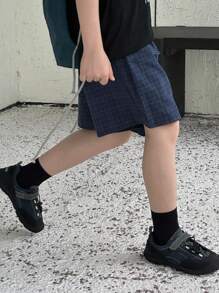 DAZY 青少年男孩松紧腰格子口袋宽松阔腿短裤 - 藏蓝色 - 查看 4