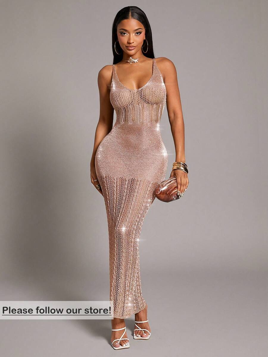 Radiana 透视网眼 V 领紧身吊带裙