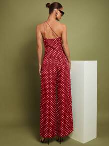 COSMINA 女士波尔卡圆点印花无袖上衣和阔腿裤时尚两件套 - 酒紅色 - 查看 2
