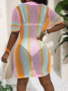 Slaydiva Váy len dệt kim rỗng một hàng khuy đơn tay ngắn kẻ sọc cho nữ - Nhiều màu - Xem 2