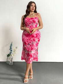 Firerie Plus Size Elegant Simple Style Allover Printed Pink Cute Date Afternoon Tea Slim Fit Mermaid Midi Dress With Spaghetti Strap, For Summer,Beach Dress Sundress,Holiday Outfits Boho - Pink - View 6