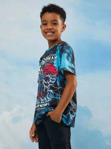 SUPERMAN X SHEIN Camiseta de manga corta ajustada con estampado de relámpago oscuro y letras inglesas de superhéroe para niño preadolescente, primavera/verano - Negro - Ver 4