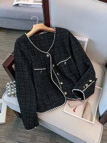 GlowEve CURVE 大码秋冬精致优雅撞色丝带和金属装饰纽扣夹克 - 黑色 - 查看 1