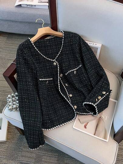 GlowEve CURVE 大码秋冬精致优雅撞色丝带和金属装饰纽扣夹克