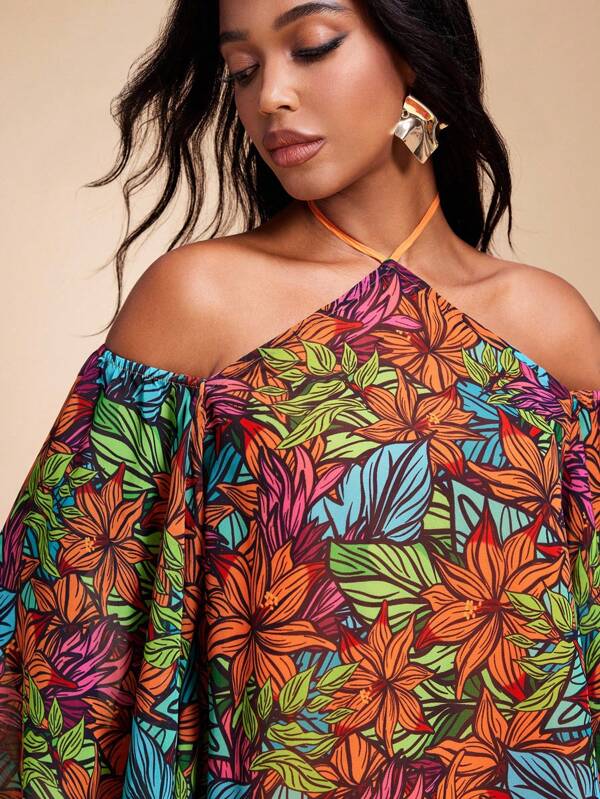 JIAN LASALA All-Over Floral Printed Chiffon Boho Spaghetti Halter Strap Flared Sleeve Top Women Vacation Colorful Tops For Women Off The Shoulder Top Tropical Print Tops Floral Print Tops For Women Caribbean Outfits For Women Ankara Tops Resort Wear Fall Clothes