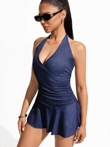 Flexra 女式性感露背吊带迷你牛仔连衣裙（夏季） - 中等水洗藍 - 查看 5