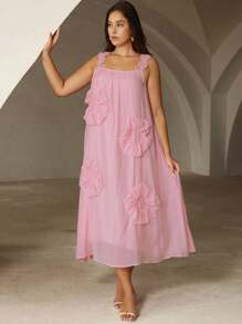 EMERY ROSE 春夏新款轻盈浪漫雪纺飘逸连衣裙，3D花瓣装饰蓬松裙摆，宽松大码，优雅 - 粉色 - 查看 5