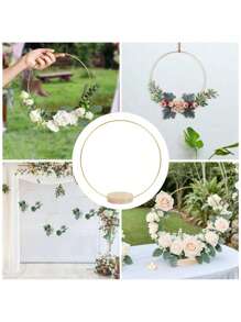 SHEIN 10 szt./2 szt. - Złote metalowe girlandy na środku stołu z drewnianym stojakiem - Eleganckie dekoracje w kształcie koła DIY na wesela, imprezy i urodziny - Ręcznie robione sztuczne róże i zieleń, nie wymaga zasilania, dekoracje urodzinowe | Dekoracyjne ozdoby na środku stołu | Ręcznie robiony projekt, dekoracje ślubne