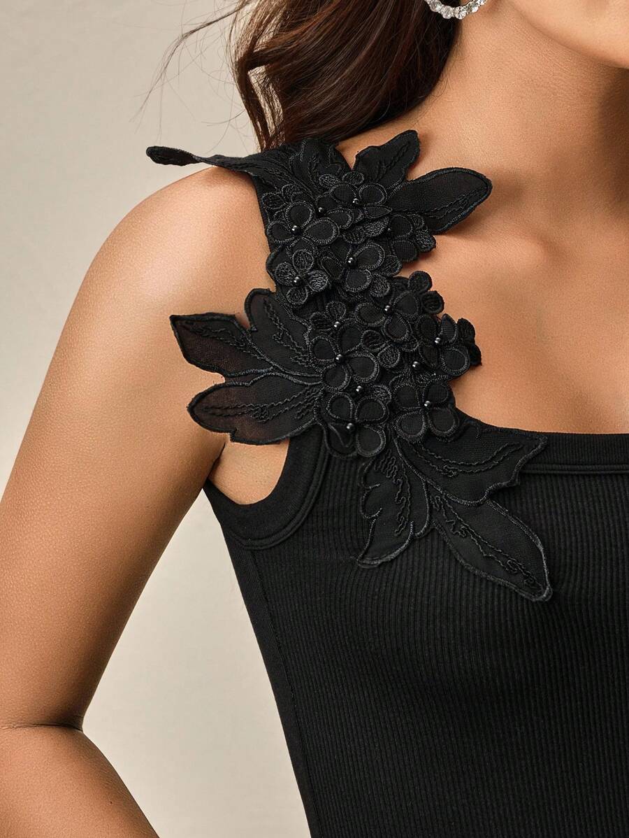 Anewsta Camiseta de punto de costilla con bordado, de ajuste ceñido, de moda - Negro - Ver 1