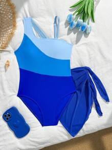 Tween Girls' Summer Beach Vacation Style Splice Printed Asymmetrical Neck One-Piece Swimsuit - Multicolor - View 6