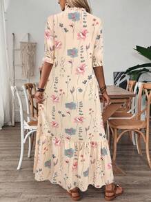 SHEIN LUNE V-Neck Printed Ruffled Hem Casual Vacation Midi Dress With Drawstring - Multicolor - View 2