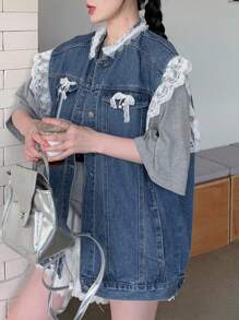 DAZY 水洗蓝色撞色蕾丝袖口荷叶边下摆蝴蝶结饰边无袖牛仔上衣 - 中等水洗藍 - 查看 4