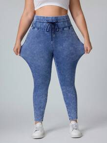 SHEIN PETITE CURVE Damen Große Größen Jeans mit Tunnelzug Taille, Taschen und schlanker Passform, vielseitig einsetzbar