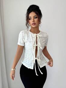 Chiquease Camiseta feminina casual elegante com decote em V e manga curta - Damasco - Ver 5