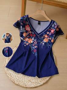 EMERY ROSE Camisa informal de mujer con cuello en V, manga corta y estampado, color azul