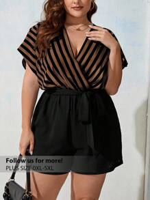 Firerie Plus Striped Print Belted Romper