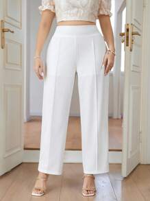 Firerie Plus Size Elegant & Minimalist White Straight Pants For Work - White - View 6