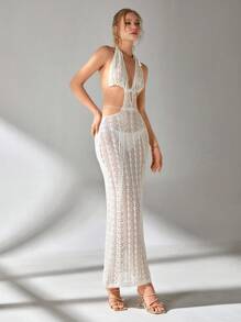 CLARA VERO EURMUSE Deep V Neck Clevage Cut Out Detailed Crochet Hollow Out Backless Maxi Knitted Cover Up Dress For Summer Beach Vibes