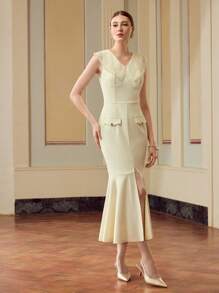 ZEYLAH Vestido elegante para mujer con cuello de encaje a contraste, sin mangas y dobladillo de cola de pez - Albaricoque - Ver 4