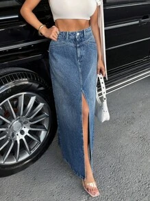 EURMUSE Casual Washed High Waist Split Maxi Denim Skirt Denim Maxi Skirt Jean Skirt Long Denim Skirt Long Skirt Jeans Jeans Skirt - Medium Wash - View 7