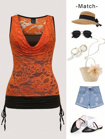 Chiquease Halloween 2025 New Lace Patchwork Tank Top, High-End Casual Cami For Layering, Women Sleeveless Lace Patchwork Fitted Cropped Camisole, Sexy Color Contrast Lace Tank Top For Spring/Summer