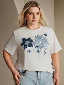 Anewsta Women Summer Elegant Niche Design Sequins Embroidered White Short Sleeve T-Shirt, Slim Fit - Blue - View 3