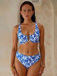 Swim Chiccia Traje de baño de 2 piezas para mujer con soporte de aro en U, nuevo, para vacaciones en la playa en verano - Azul y blanco - Ver 6