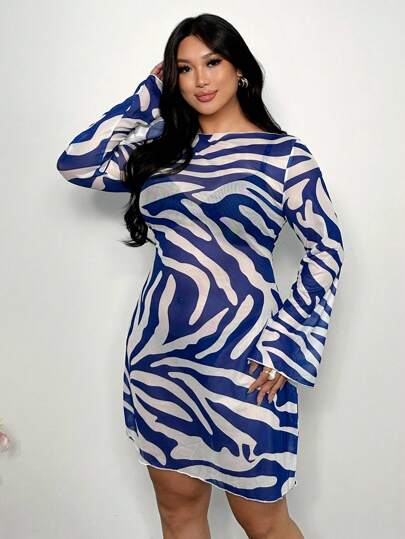 Firerie Plus Size Elegant Personalized Collegiate High Street Concert Chic Petite Sexy Mesh Zebra Print Flare Sleeve Long Sleeve Slim Waist Open Back Lace-Up Sheer Mini A-Line Dress