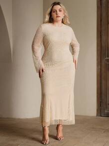 Anewsta Đầm dự tiệc tay dài đính hạt lưới sequin cỡ lớn cho nữ - Màu be - Xem 7