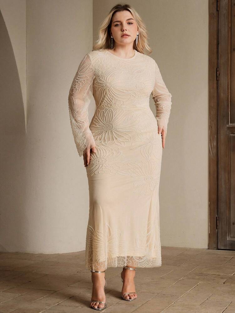 Vestido de fiesta elegante de manga larga con lentejuelas y cuentas en malla para mujer de talla grande