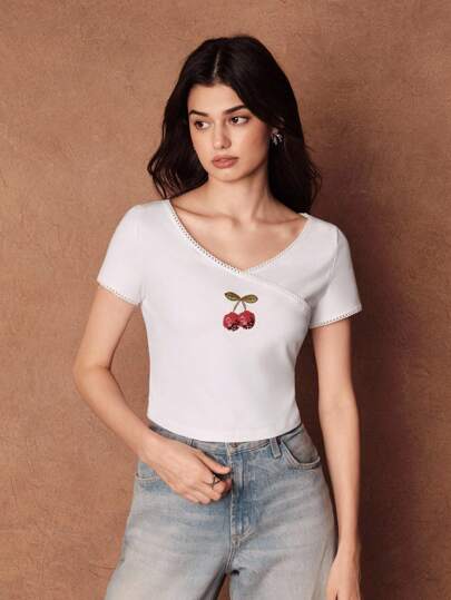 Savoree Camiseta de manga corta casual con estampado de cerezas para mujer en verano