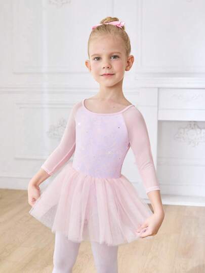 SHEIN 年轻女孩随机花卉印花对比色网眼前面板水钻紧身连衣裤舞蹈裙，可爱适合日常穿着，芭蕾舞裙，四向弹力高弹力