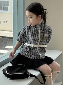 Dazy Kids 少女格子泡泡袖拉链前开襟休闲外套，返校背心 - 黑與白 - 查看 2