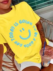 DrmWander 大码女式口号和笑脸圆领短袖休闲百搭 T 恤，夏季 - 黃色 - 查看 1