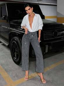 SHEIN PETITE Jeans casuales rectos y holgados con bolsillos y decoración de perlas de imitación para mujeres