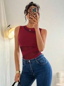 Chiquease 优雅性感时尚黑色圆领无袖修身不对称几何网眼拼布针织紧身衣女式春夏 - 酒紅色 - 查看 6