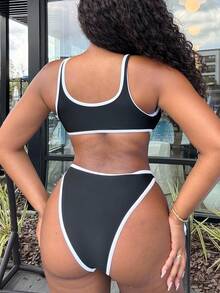Alexandranx Summer Beach Contrast Binding Cut Out One Piece Swimsuit - Black - View 2